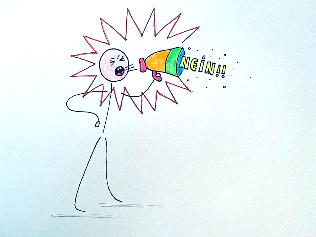 Figur brüllt nein ins Megafon